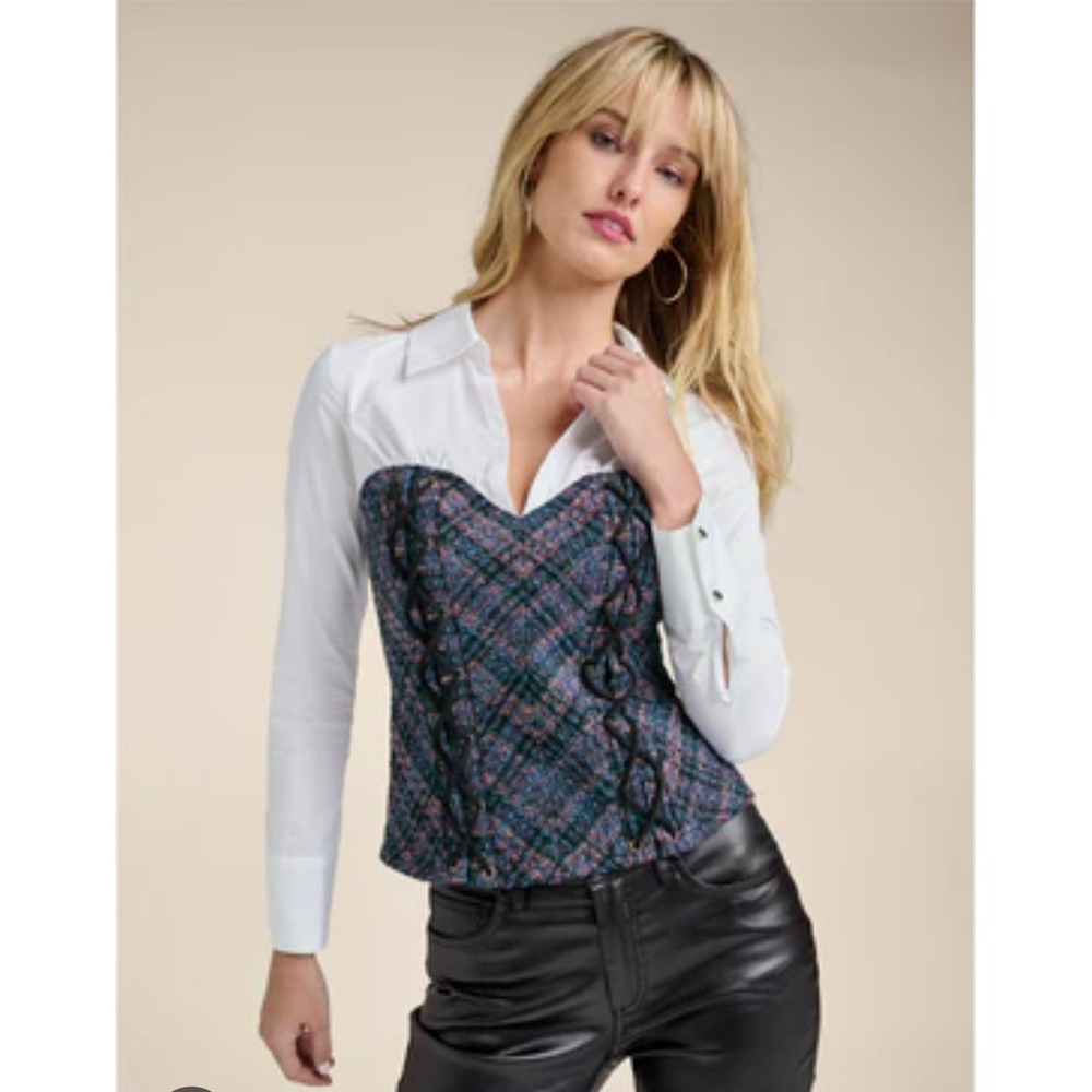 Venus Corset Style Blouse Sz 6 Bustier Overlay & White Shirt Y2K Goth Tweed
